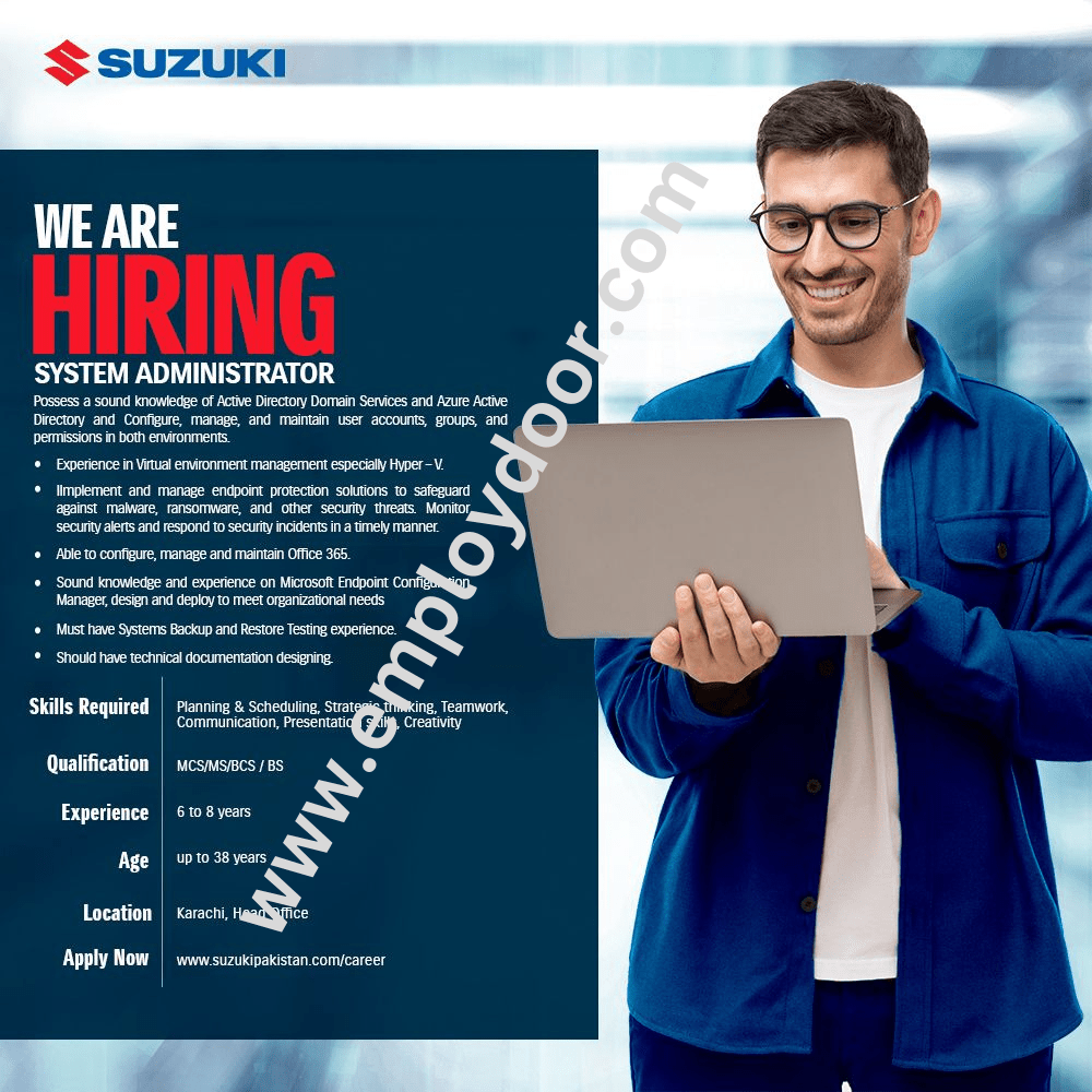 Pak Suzuki Motor Company Ltd System Administrator Job | Employ Door | Jobs In Pakistan For Fresh & Experience Graduates