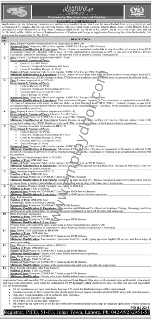 Pakistan Institute of Fashion Design January 2024 Job