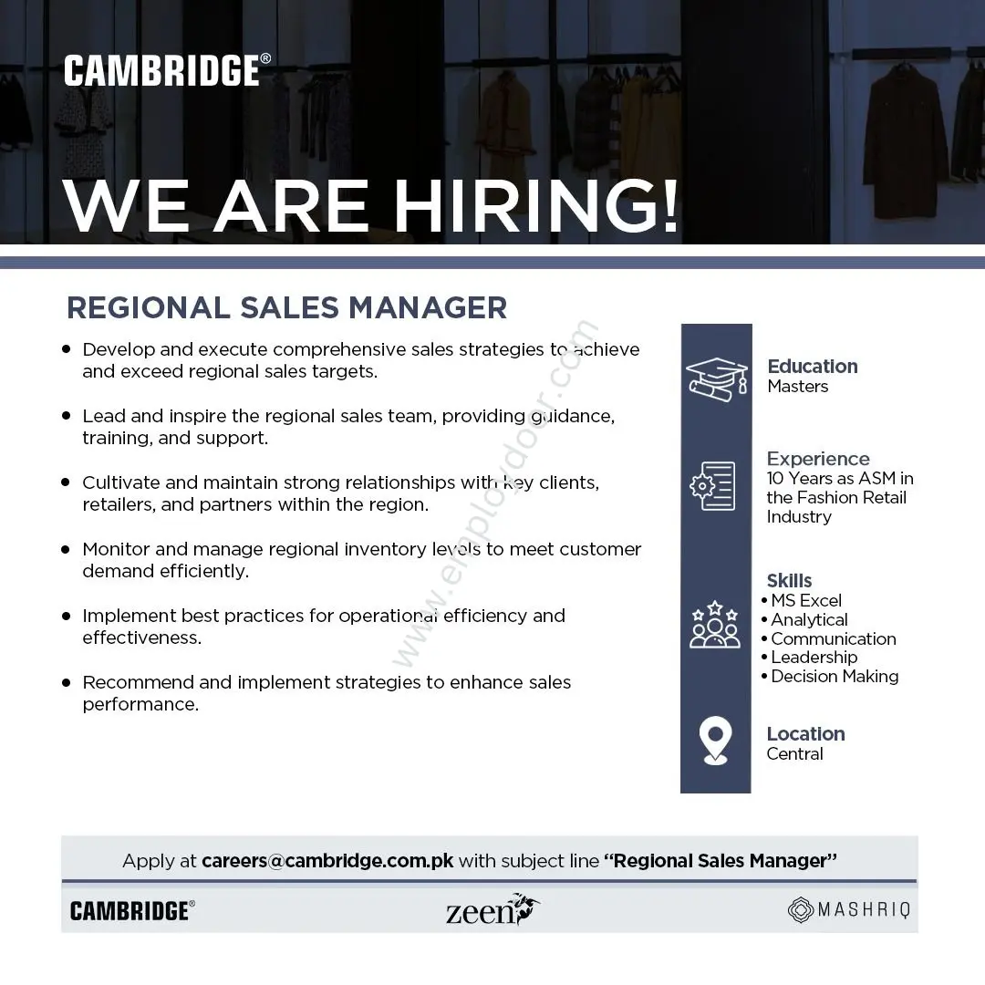 Cambridge Garments Pvt Ltd. Job | Senior Area Sales Manager | Employ Door |Jobs In Pakistan For Fresh & Experience Graduates
