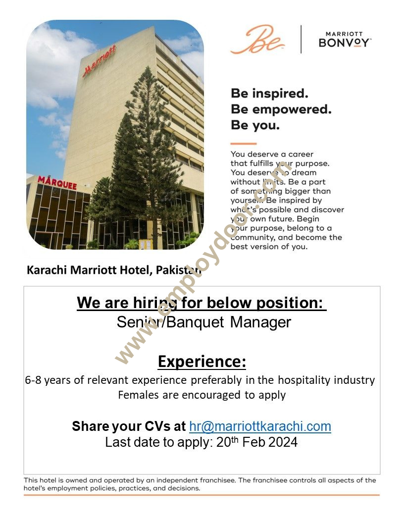 Karachi Marriott Hotel Senior Banquet Manager Job Opportunity 2024 | Employ Door