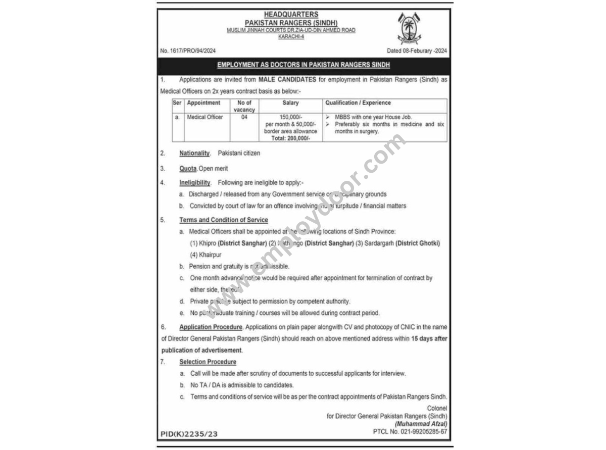 Pakistan Rangers Sindh Jobs Medical Officer 2024 | Employ Door